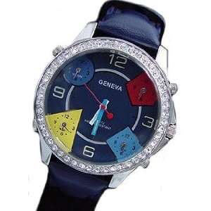  World Time Zone Leather Bling HIP HOP Fashion Watch, Navy 