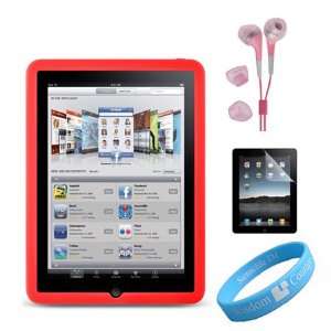   Skin Red Case + Pink Earphones for iPad + Screen Protector + Wristband