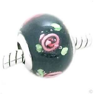  slide on charm Beads   Murano glass black with RoseHeads 