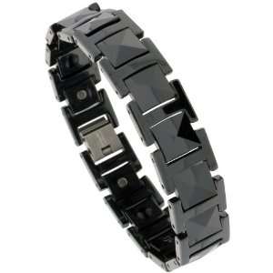Tungsten Carbide Black Magnetic Therapy Bracelet, w/ H & Cushion Links 