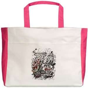  Beach Tote Fuchsia Live For Rock Guitar Skull Roses and 