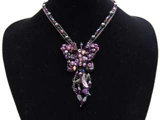 Purple Glass Stone Beaded Crystal Rhinestone Butterfly Dangle Pendant 