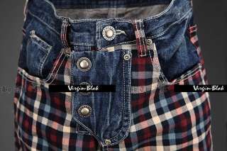 vb HOMME Plaid Patched Denim Distressed Slim New 0KK  