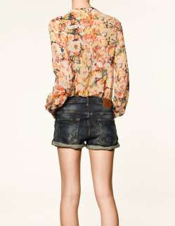 2012 NEW SPRING ZARA COLLECTION SHEER FLORAL PRINT BOW SHIRT BLOUSE 