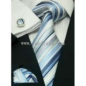  Landisun 60F Light Blue White Stripes Mens Silk Tie Set 
