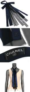16135 auth CHANEL dark blue & black silk crepe Necktie Tie Scarf 