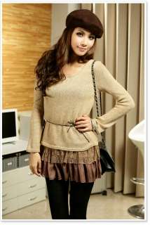   NECK PATCHWORK CHIFFON LACE KNIT TOP BLOUSE BELT INCLUDED 1732  