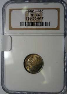 1901 BARBER DIME NGC MS64 SPECTACULAR COLOR  
