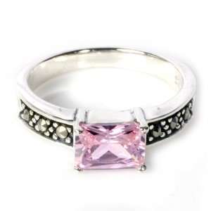  Sterling Silver Marcasite Ring with Pink CZ   Size 5 9 