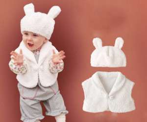 Girls White Beige Bunny Plush Fleece Vest Beanie Set 1T  