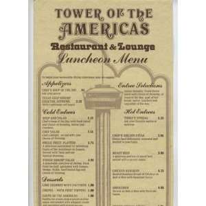 Tower of the Americas Restaurant & Lounge Menu San Antonio Texas 1977