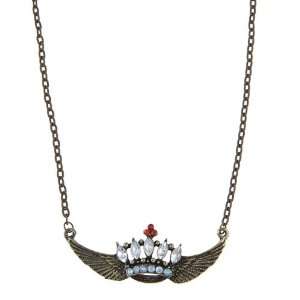  Oxidized Gold Tone Winged Crown Necklace Jewelry