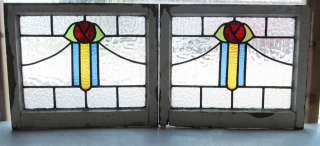 Pair of Antique Stained Glass Windows Four color Craftsman Ruby Red 