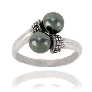  Sterling Silver Marcasite and Hematite Ring, Size 6 