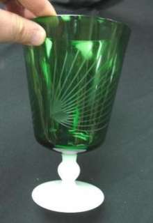 bohemian goblet green cut art glass vase & opaline stem  