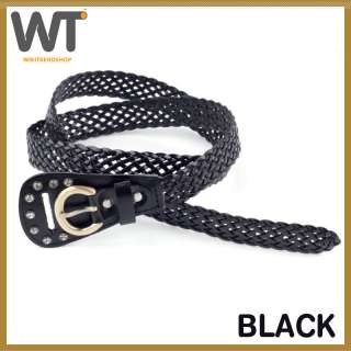 Ladies Braided Woven Leather Belt with paddle shape buckle Black Color 