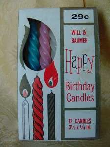 1960s VINTAGE Box BIRTHDAY CAKE CANDLES Will & Baumer twisted wax 