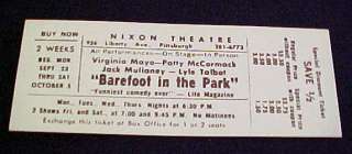 BAREFOOT IN THE PARK Unused 60s Ticket MAYO & MCCORMACK  