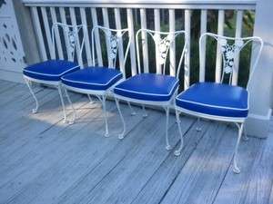 FANTASTIC WOODARD WROUGHT IRON TABLE AND ELECTRIC COBALT BLUE CHAIRS 