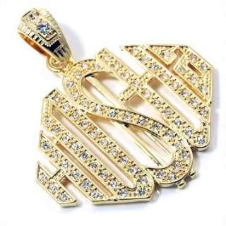 Iced out 2.25x2 gold plated HUSTLA pendant. Clear stones .