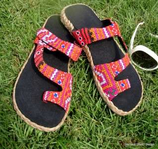 Colorful Womens Hmong Embroidered Toe Wrap Flat Sandal  