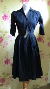 40s 50s Vintage Black Shirtwaist Dress Rayon? Rhinestone Buttons 