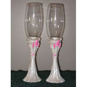 Pearl White Castle Toasting Glasses with Fushia Accents  