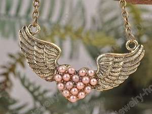 Fashion Retro Bronze Heart Wing Pink Pearl Charming Necklace Pendant 