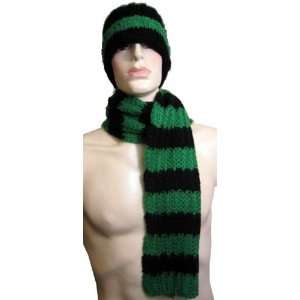  Green Stripe Scarf Beanie Hat Cap Set Goth Emo Punk 