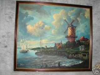 BEAUTIFUL HOLLAND DUTCH OIL ART PAINTING WITH WINDMILL AND SAIL BOATS