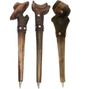  Western Theme Pen 6 pc Set (3 Styles), Hand carved of Real 