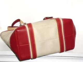   Auth Beige & Red Canvas & Tan Leather Shopper Tote Handbag Purse #7741