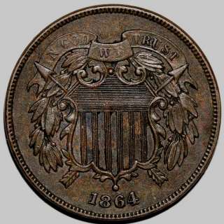 US COIN 1864/1864 TWO 2 CENT CENTS RPD 011 REPUNCHED DATE VARIETY LM 