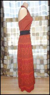 Vintage 70s ORANGE RED Ethnic Op Art Maxi Halter Dress Hostess Gown 38 