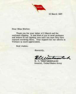 General William Westmoreland TLS 1967   Letter Signed  