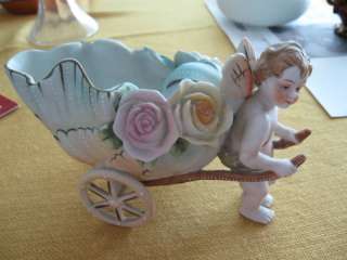 VINTAGE OCCUPIED JAPAN ANGEL PULLING WAGON WITH ROSES  