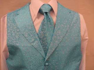 Mens Suit Tuxedo Dress Vest Necktie Bowtie Hanky Set Turquoise 