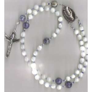   Lapis & Mother of Pearl Rosary, Holy Spirit Cross 