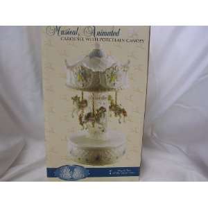 Horse Carousel Musical Animated with Porcelain Canopy ; Music Box Blue 