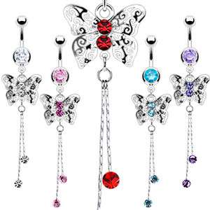 Navel Belly Button Bar Ring Laser Cut Royal Butterfly with CZ Dangle 