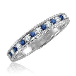 Sapphire Diamond Ring 18k White Gold Wedding Band, Vintage Inspired (G 