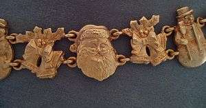 Christmas Bracelet AJC Santa Claus Snowman Wreath Bells Goldtone Link 
