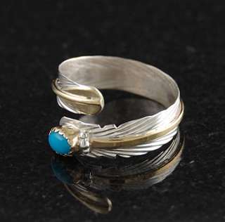 Sterling Silver & 12KGF Turquoise Feather Adjustable Ring Native 