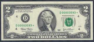 US $2 Two Dollar, 2003, EXTREMELY LOW Serial Number, Star Note 
