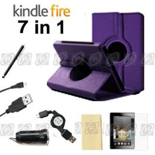  Kindle Fire Rotating Leather Case/Stylus/Car Charger/USB Cable 