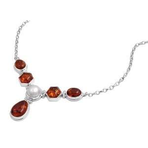   Sterling Silver Amber Stone Necklace with Mabe Pearl Accent Jewelry