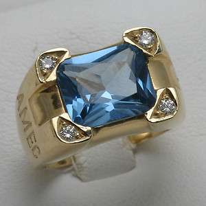   14k gold Blue Topaz Diamond Mens Ring 5 carat AME diamond Cross  