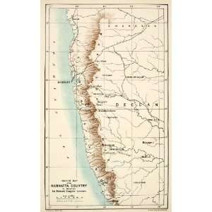  1883 Lithograph Map Marhatta India Arabian Sea Bombay 