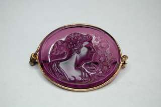 STUNNING VINTAGE AMETHYST CAMEO WOMAN WITH FLOWER SPRAY BROOCH (T52 