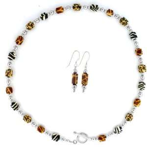  Sterling Silver Bead and Animal Print Bead Necklace and 